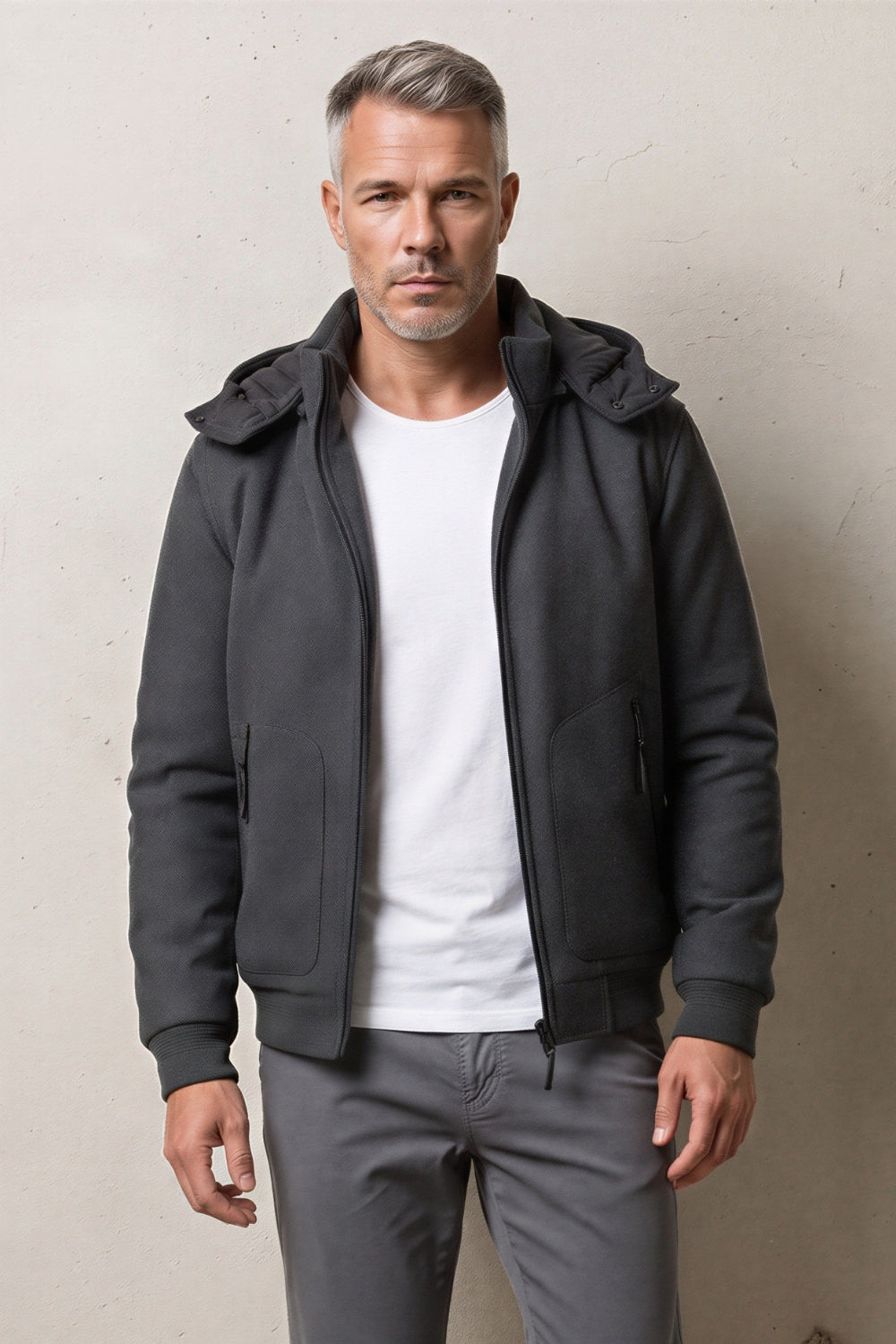 BOMBER CORTO MANO PANNO CAPPUCCIO STACCABILE